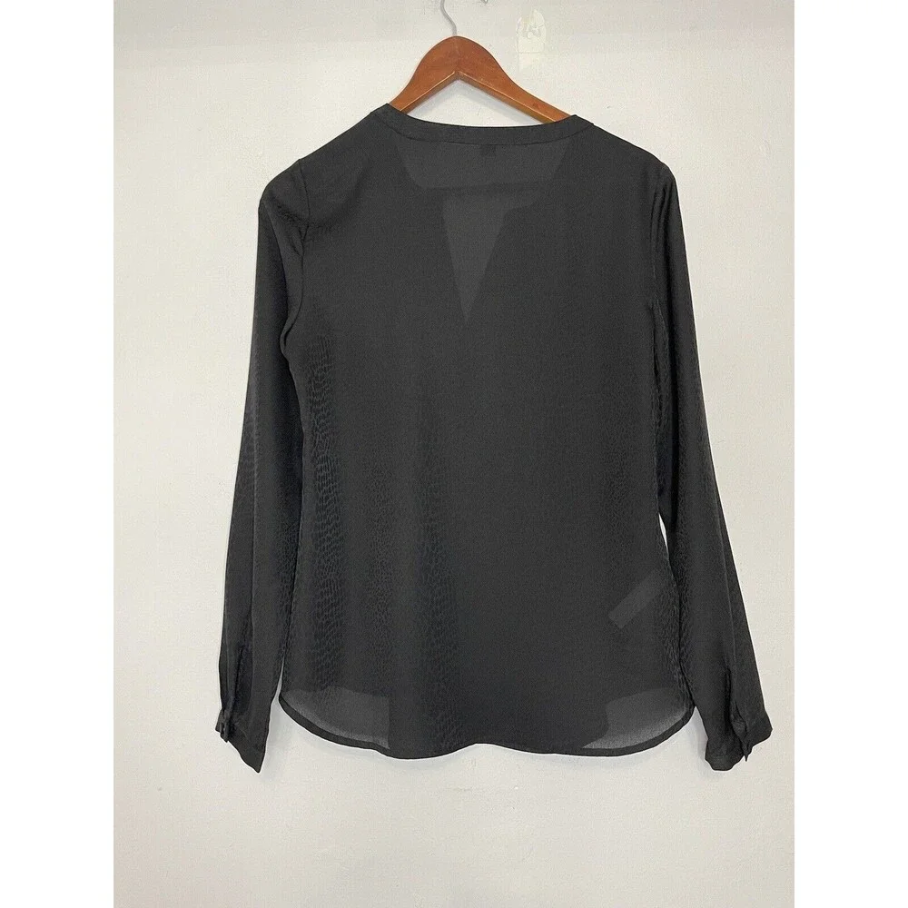 ANN TAYLOR Womens Small Long Sleeve Black Button Down Sheer Blouse Vneck Career